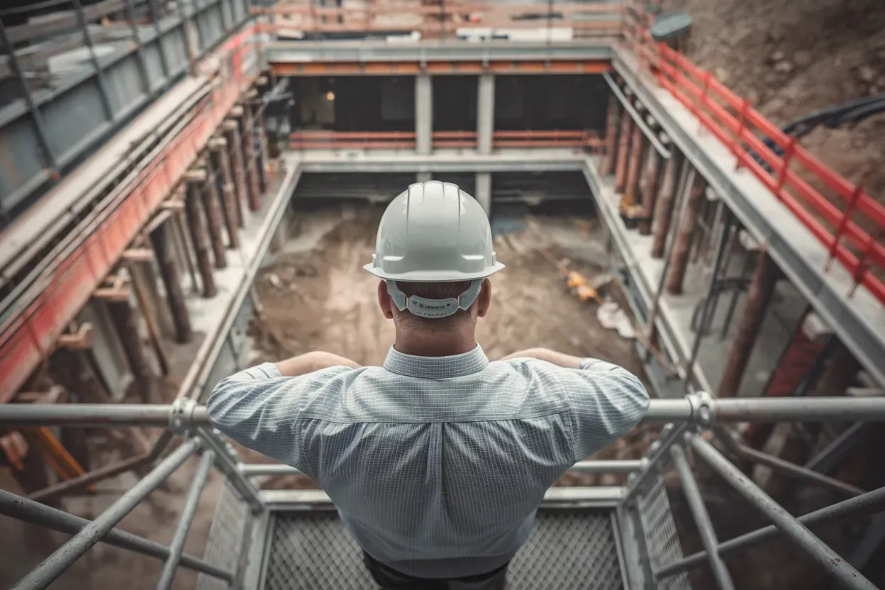 A man wearing a hard hat is standing on a balcony overlooking a construction site.