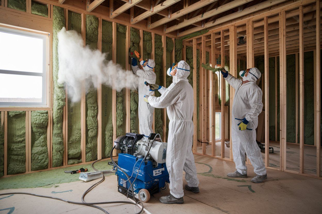 A group of men in protective suits are spraying foam insulation on a wall.