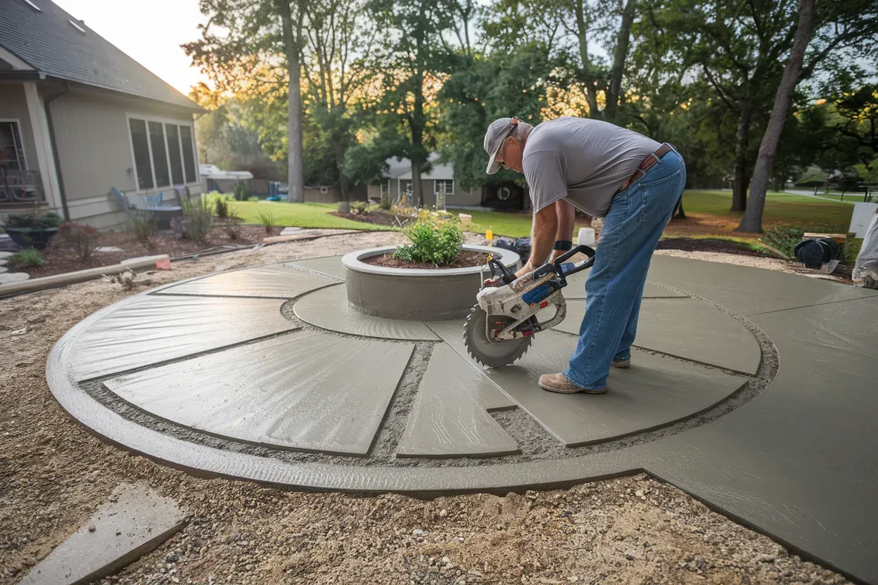 A man is using a circular saw to cut concrete on a patio.