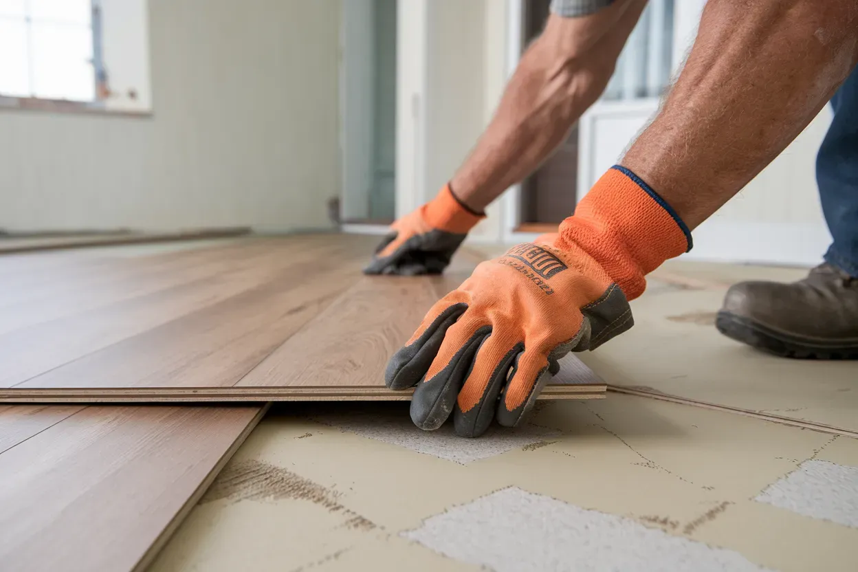 A man wearing orange gloves is laying a wooden floor.