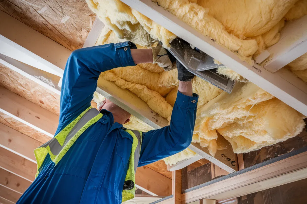 A man is installing insulation in the ceiling of a house.