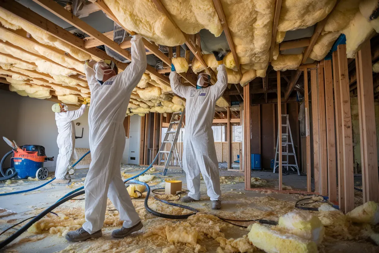 A group of construction workers are insulating the ceiling of a building.