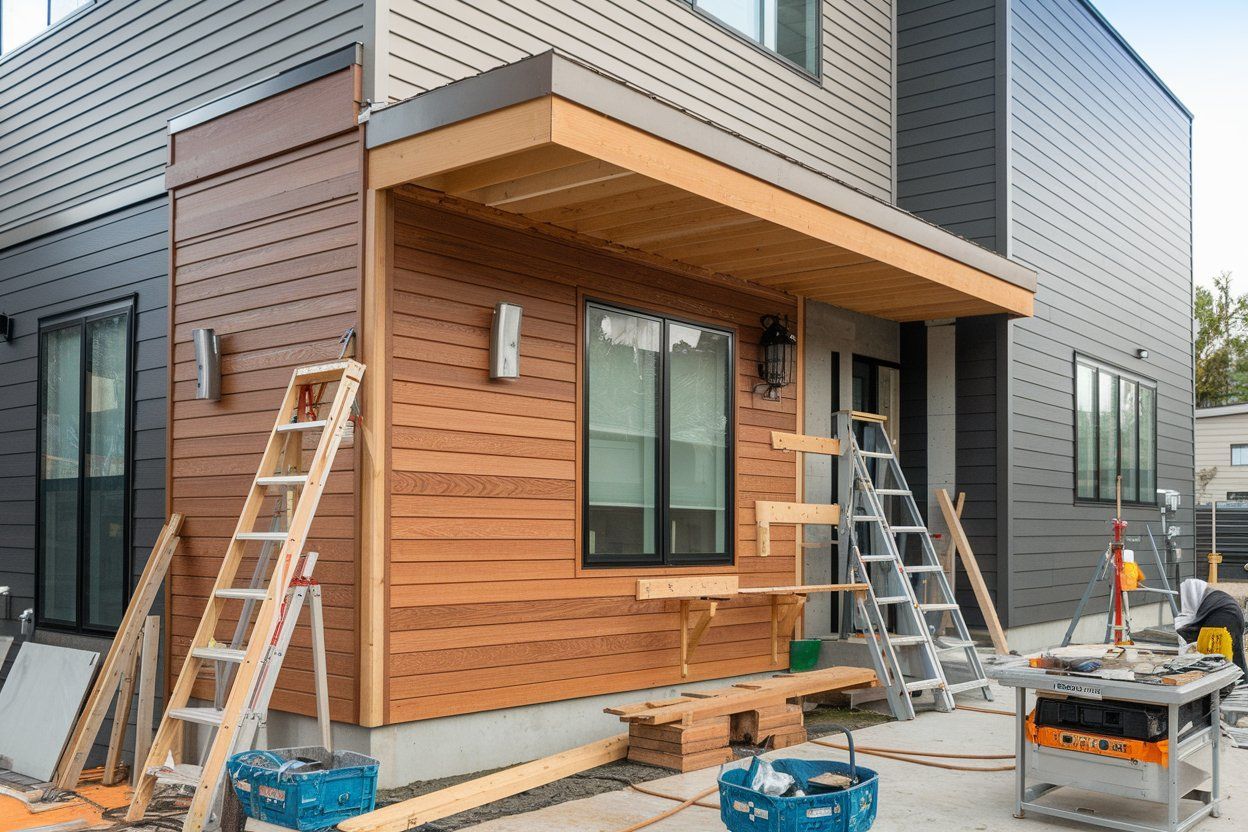 A house is being remodeled with wood paneling and a porch.