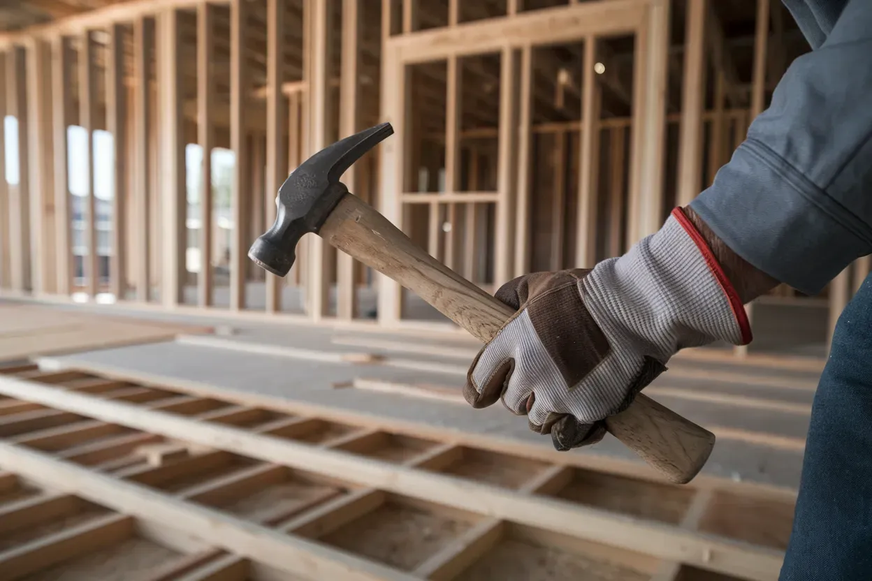 A man is holding a hammer in a construction site.