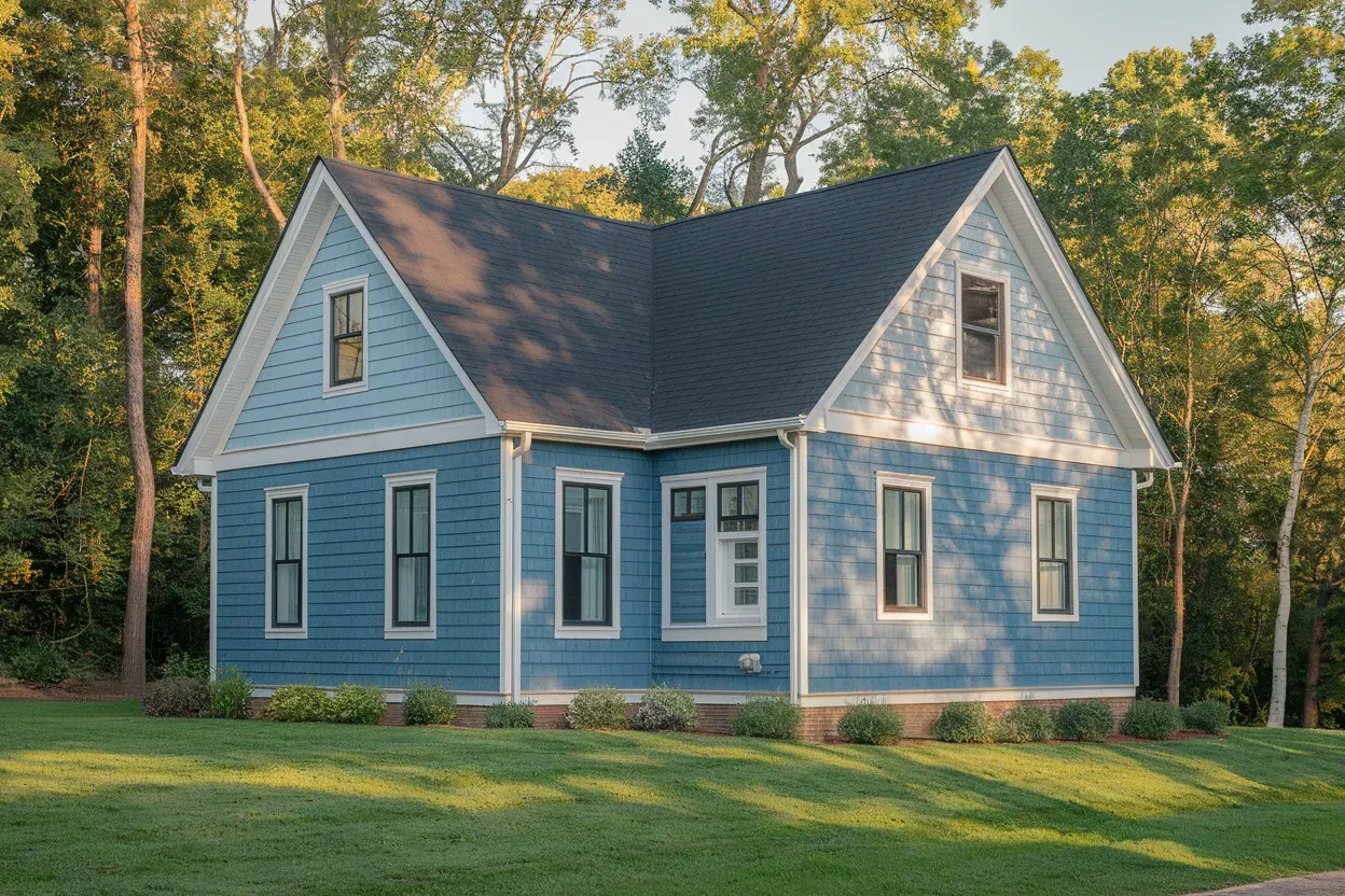 A blue and white house with a black roof is in the middle of a lush green field.