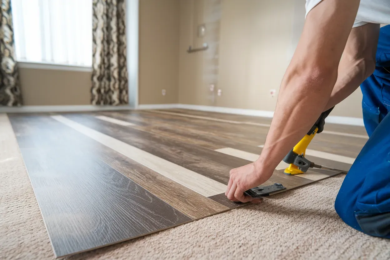 A man is installing a vinyl floor in a living room.
