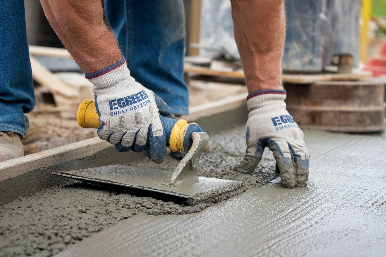 A man is using a trowel to spread concrete on a sidewalk.