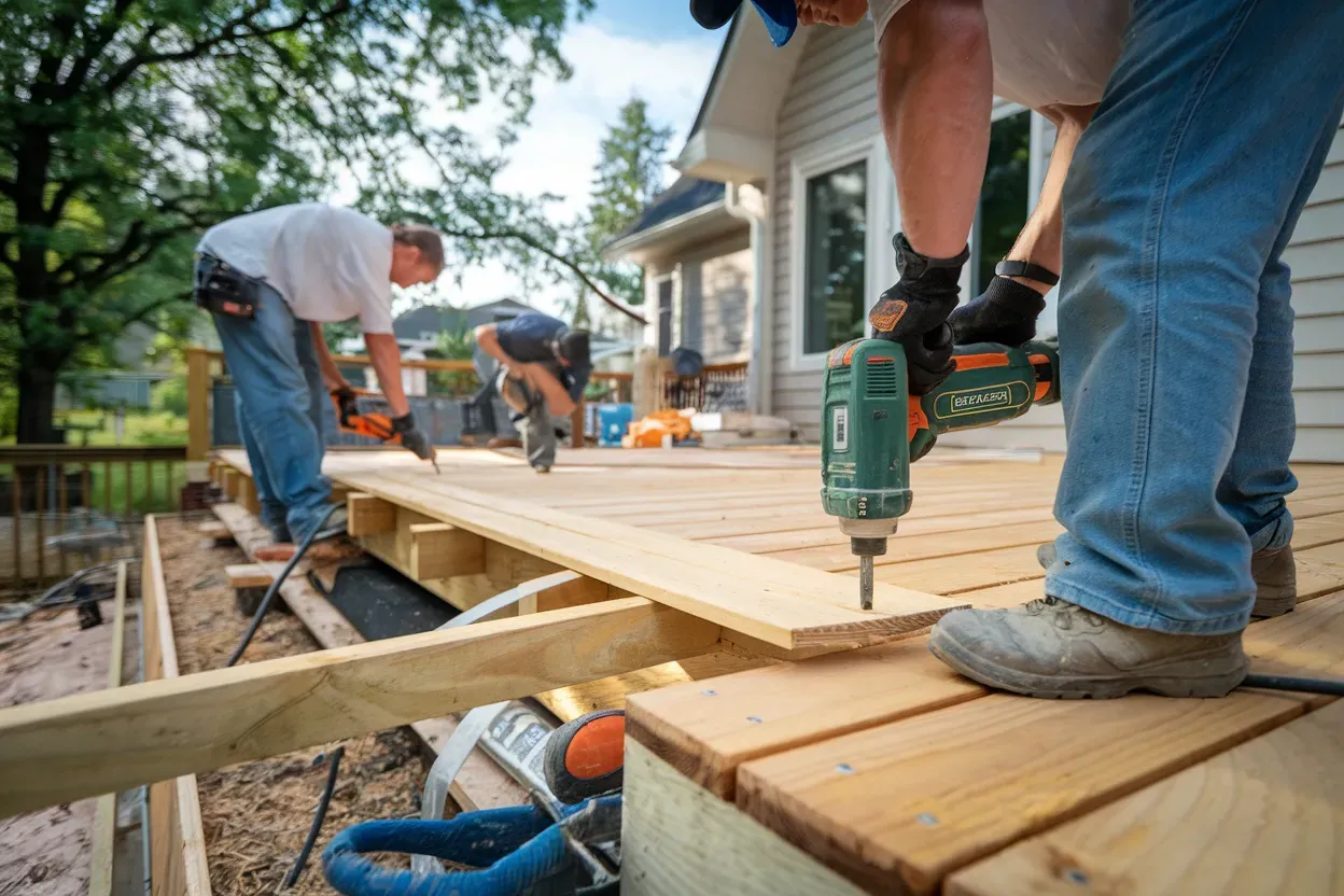 A group of men are working on a wooden deck.