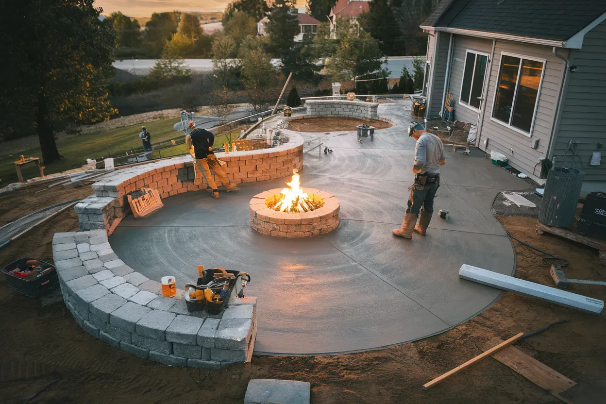 A fire pit is being built in the middle of a patio.