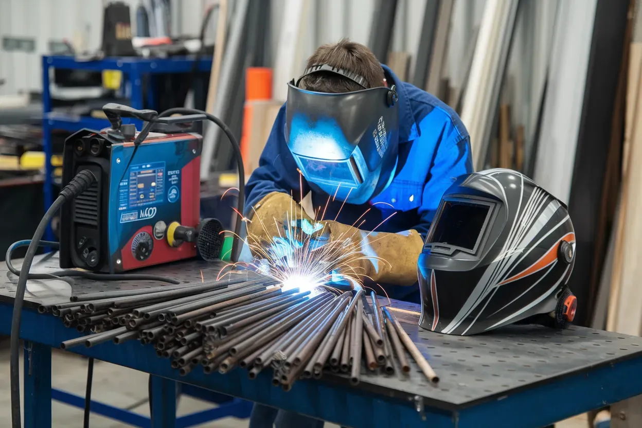A man is welding a piece of metal on a table in a factory.