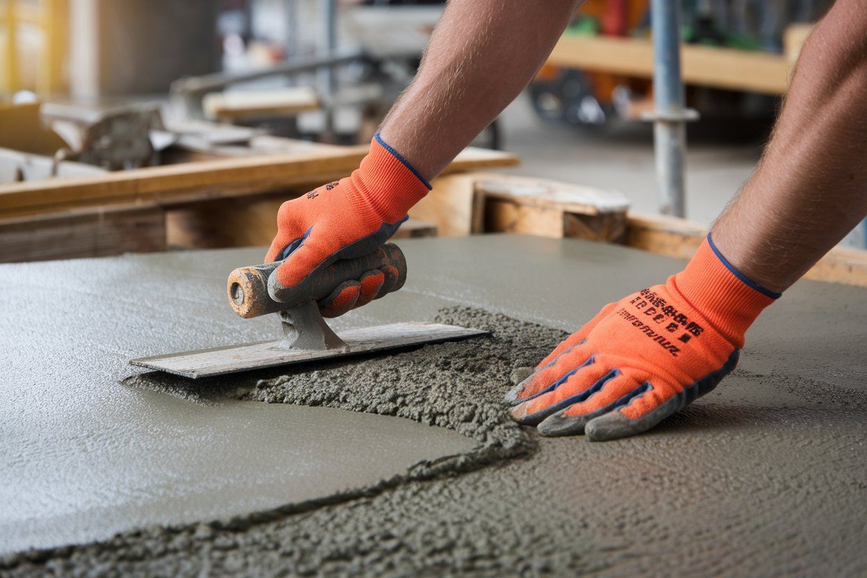 A man wearing orange gloves is using a trowel to spread concrete on a floor.