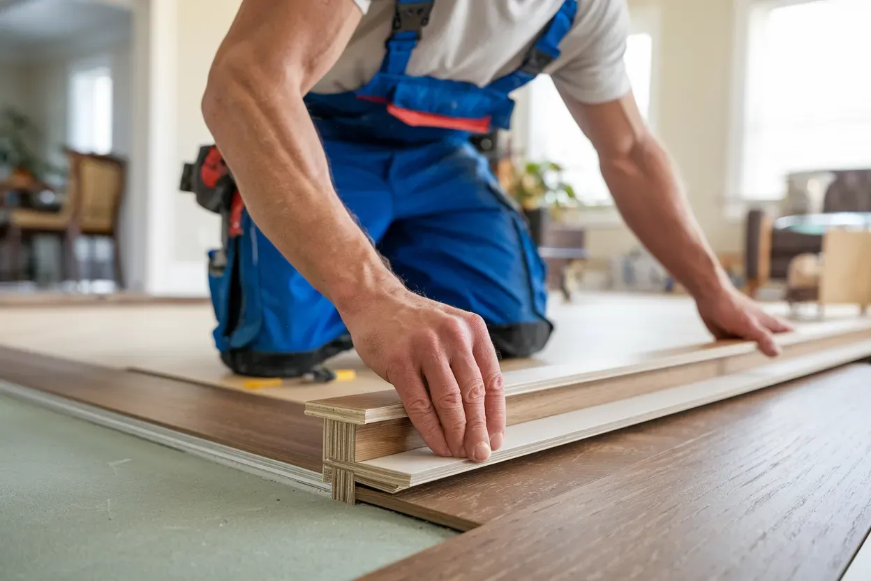 A man is installing a wooden floor in a living room.