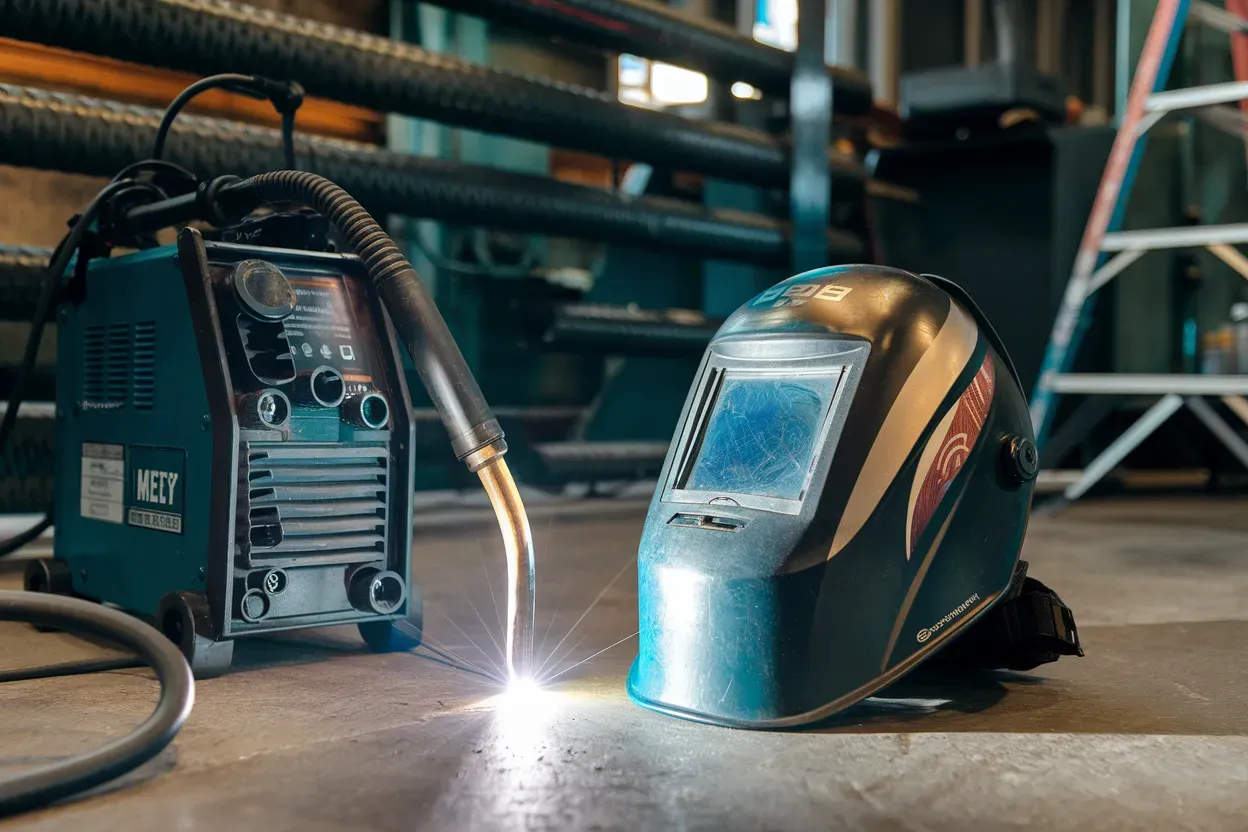A welding machine and a welding helmet are sitting on the floor.