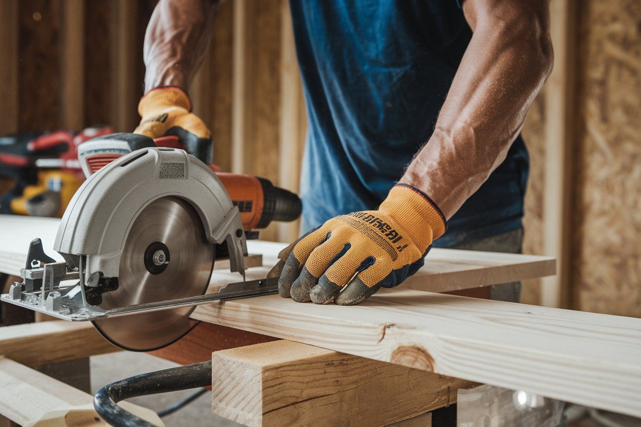 A man is using a circular saw to cut a piece of wood.