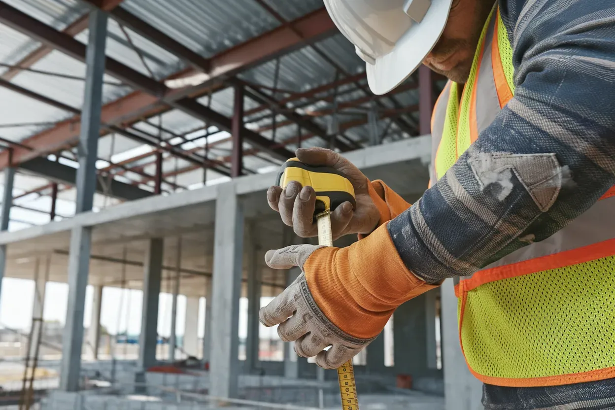 A construction worker is measuring a building with a tape measure.