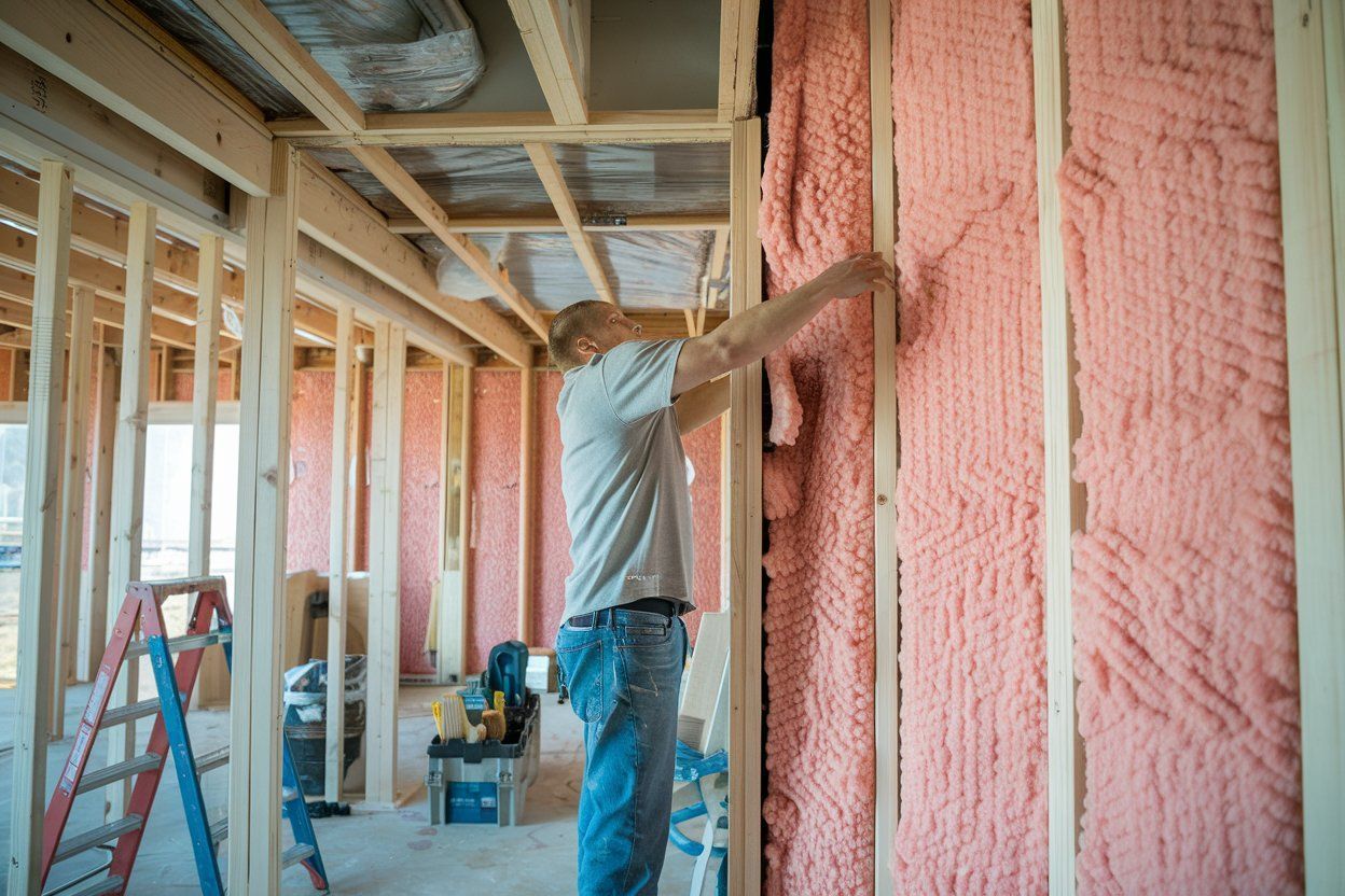 A man is insulating a wall in a house under construction.