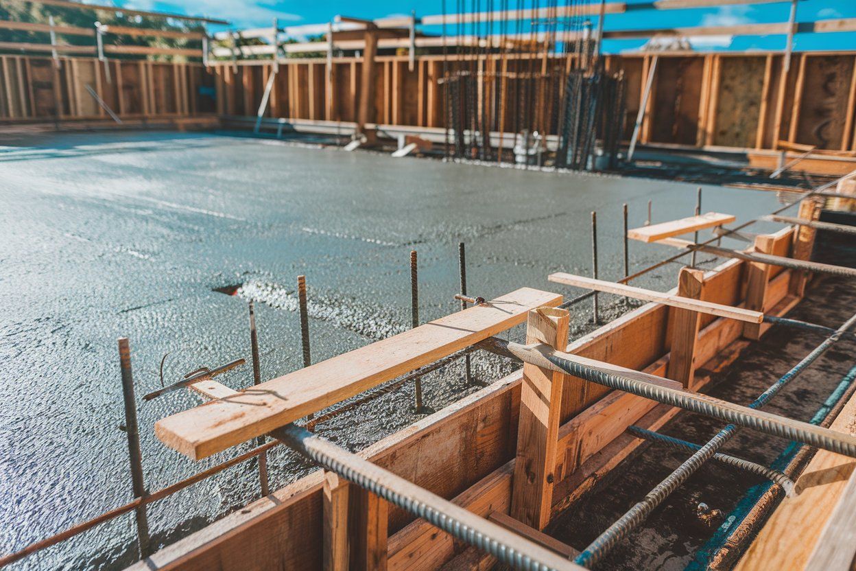 A concrete floor is being poured on a construction site.