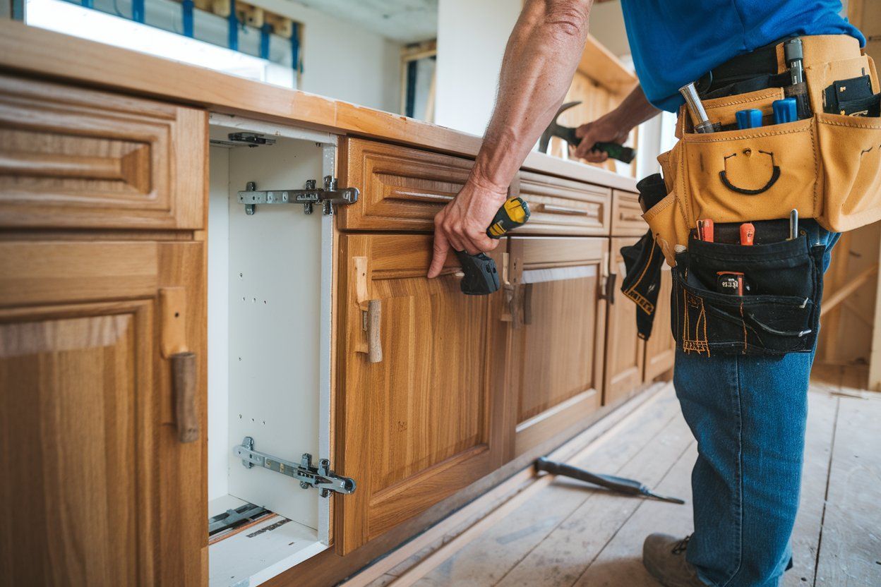 A man is working on a kitchen cabinet with a drill.