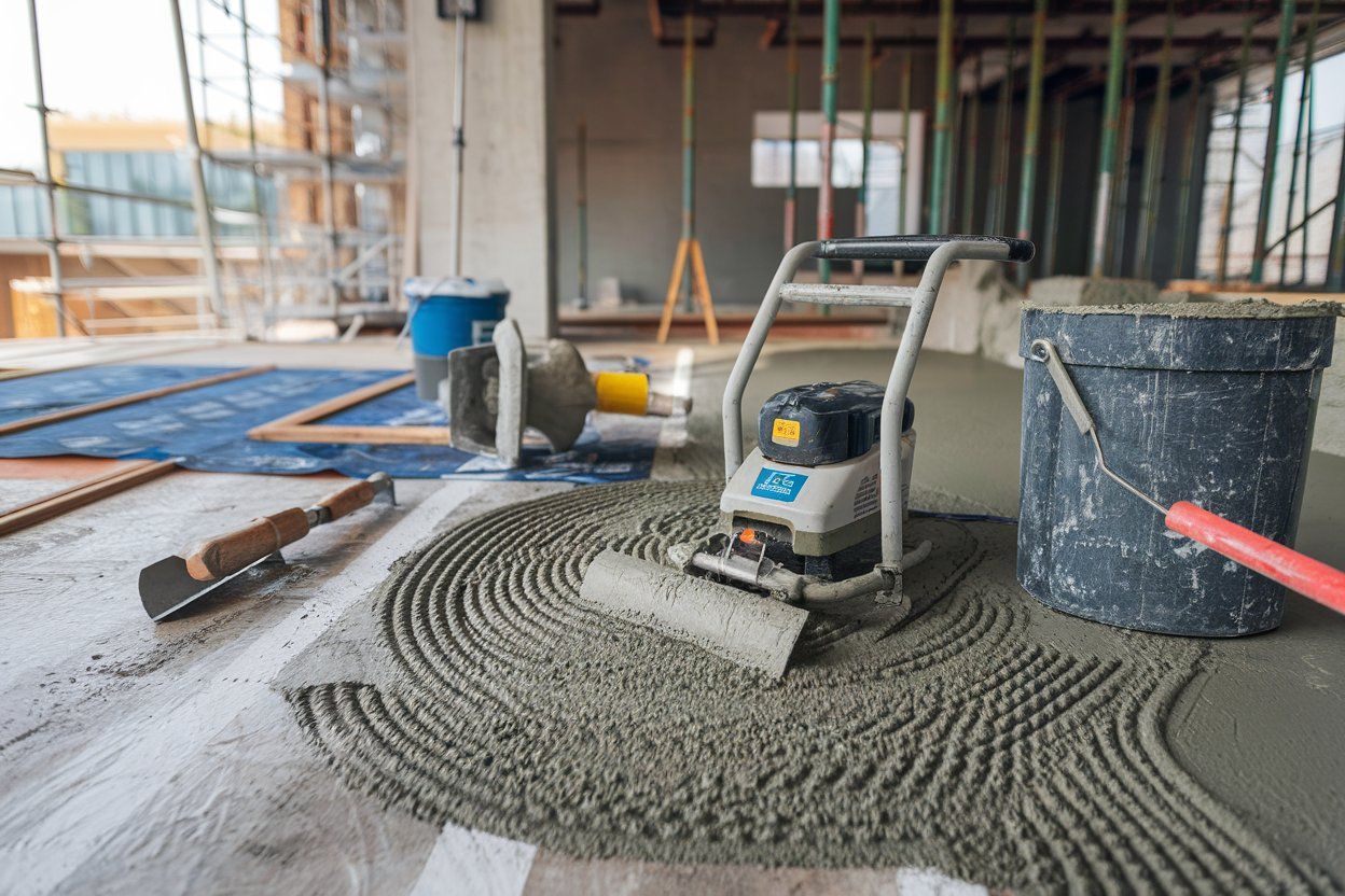 A construction site with a lot of concrete and tools on the floor.