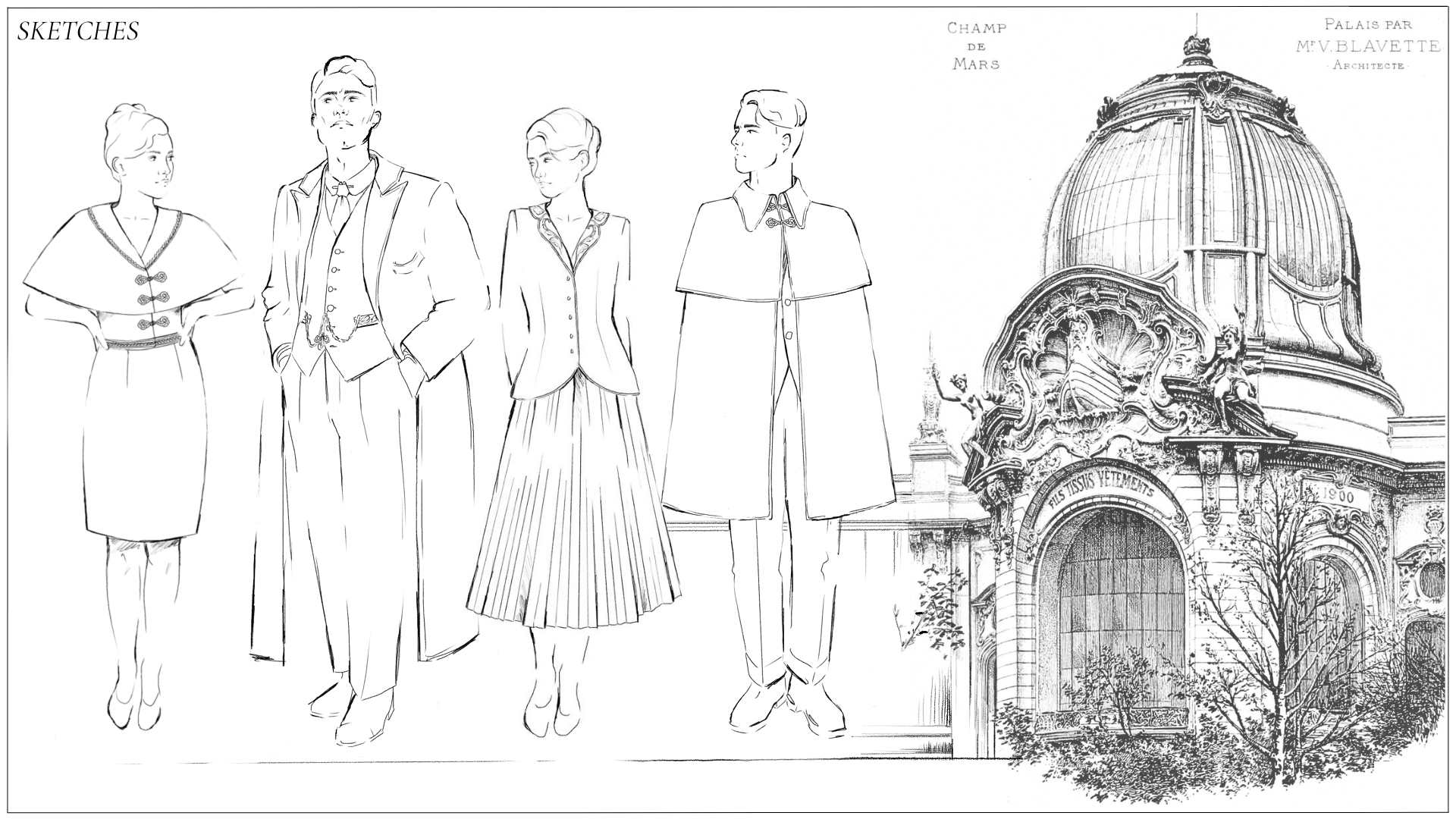 Sketches of tailored garment designs inspired by Beaux-Arts architecture by H.L. Story.