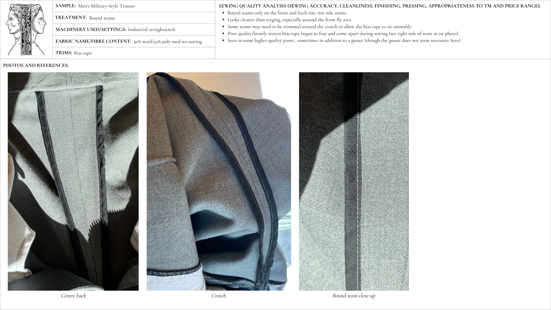 Image detailing a prototype of bound (Hong Kong) seams for tailored garments.