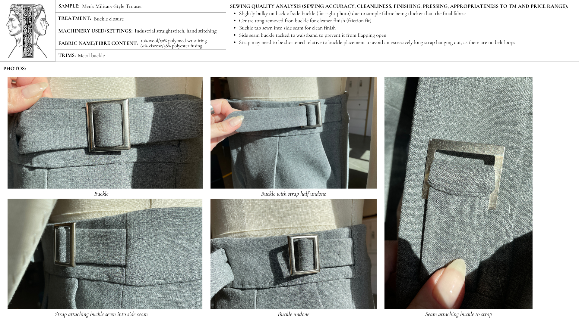 Image detailing a prototype of a buckle closure for tailored pants.