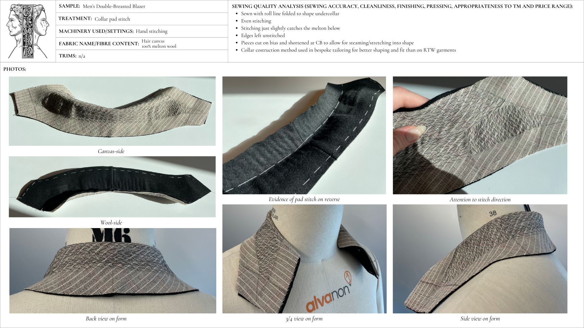 Image detailing a prototype of pad stitching on a collar for tailored garments.