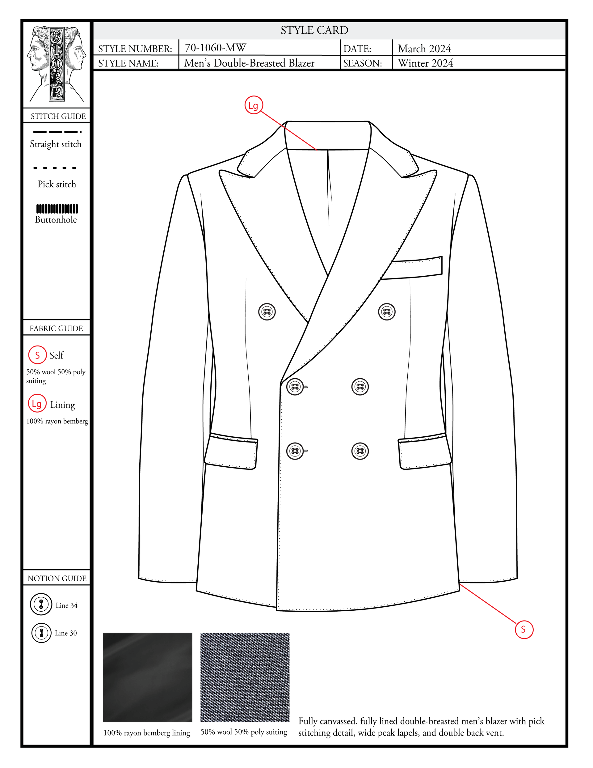 Style card with stitch, notion, and fabric guide for a men's double breasted blazer by STORR.