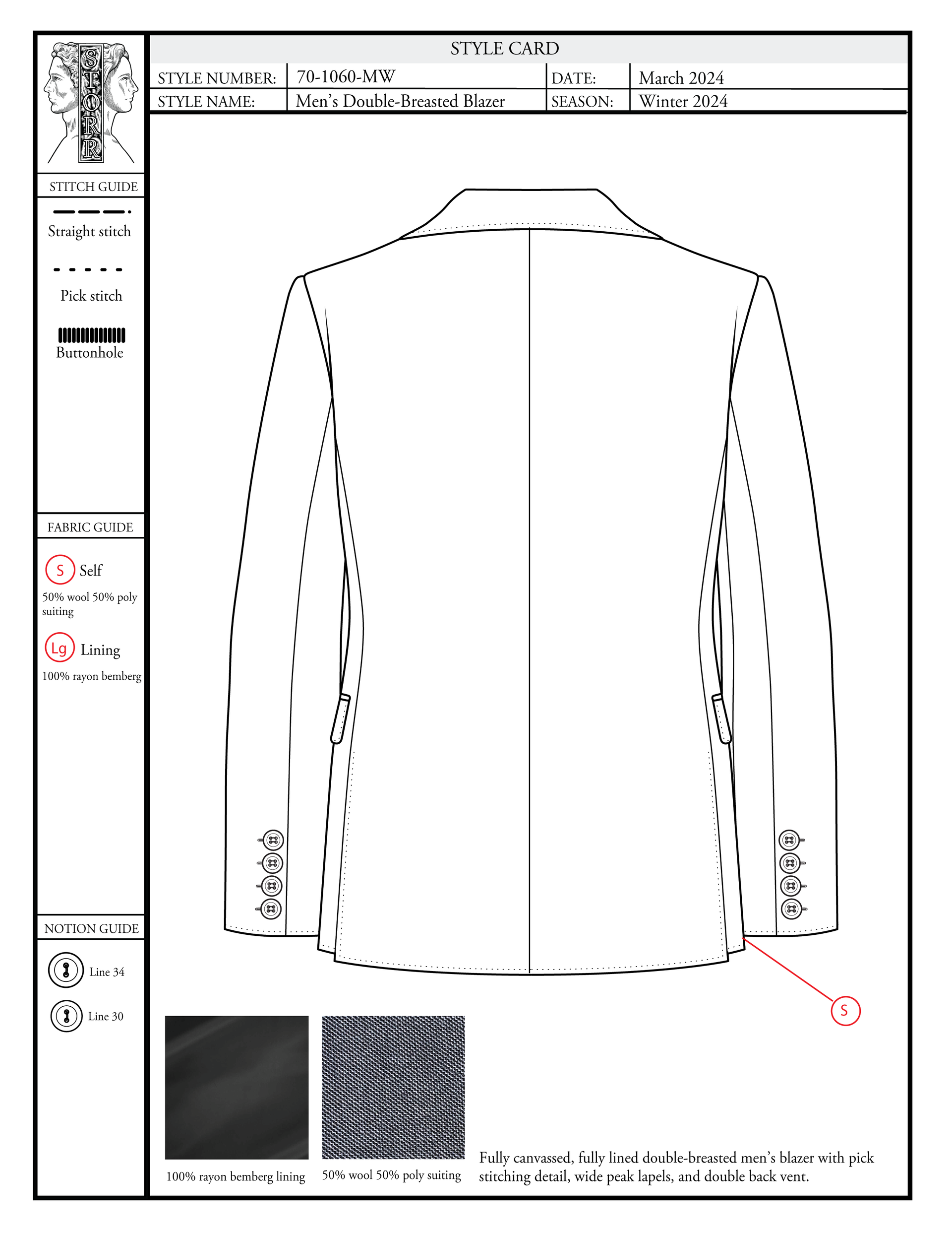 Style card with stitch, notion, and fabric guide for a men's double breasted blazer by STORR.