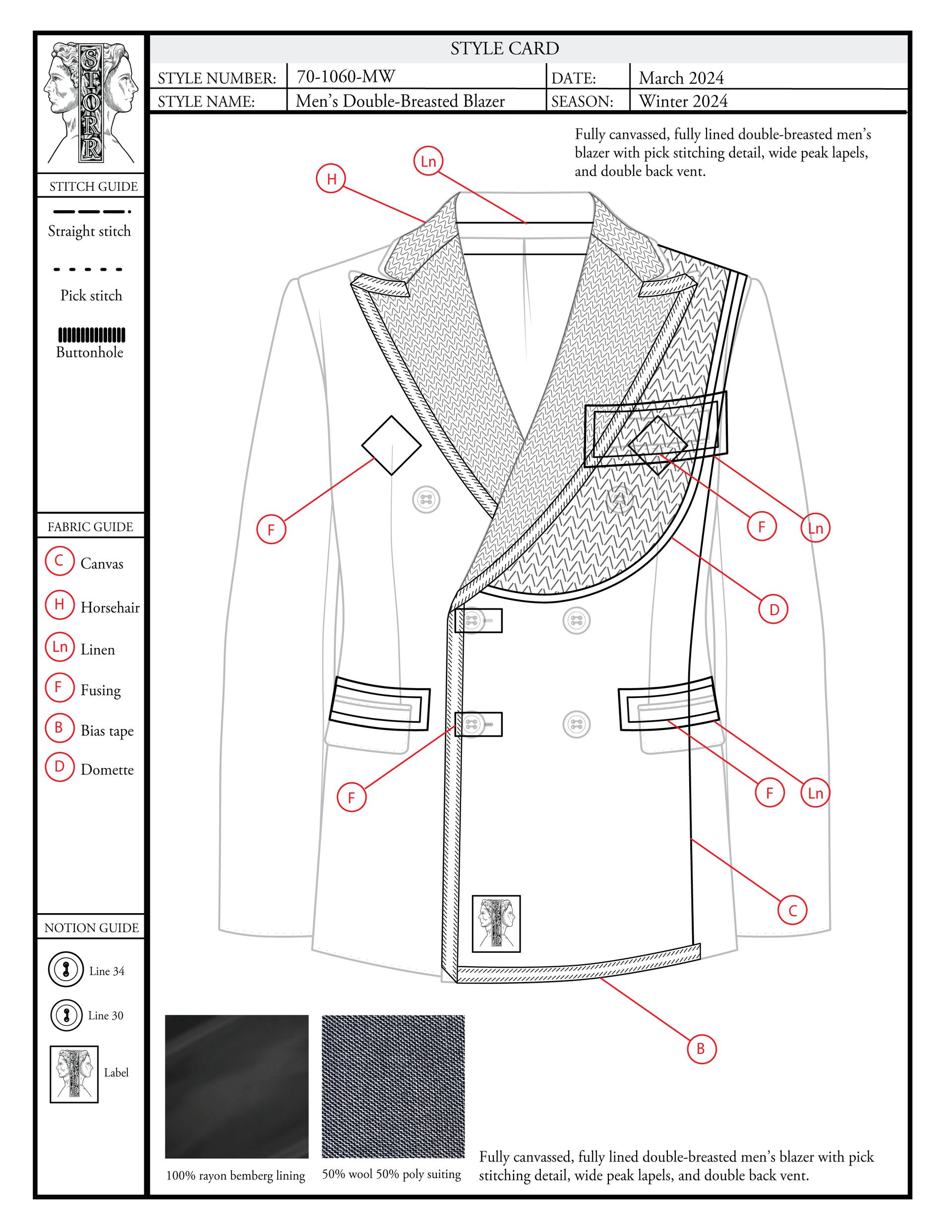 Style card with stitch, notion, and fabric guide for a men's double breasted blazer (internal view) by STORR.