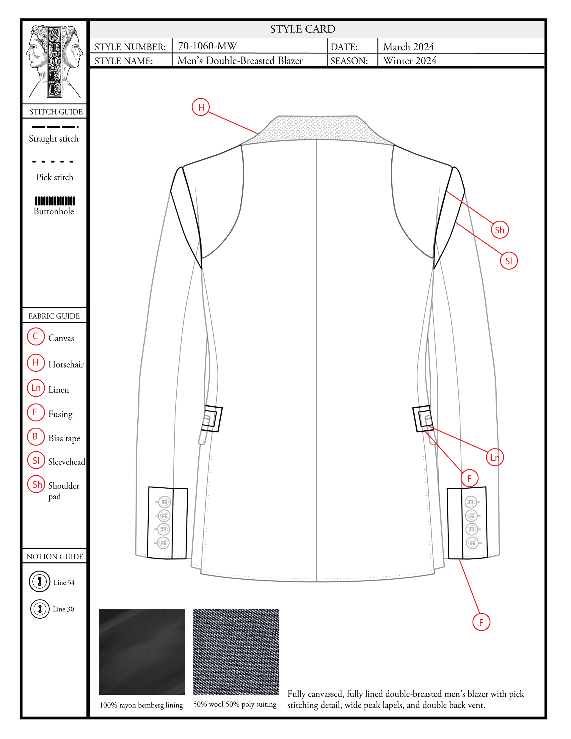 Style card with stitch, notion, and fabric guide for a men's double breasted blazer (internal view) by STORR.