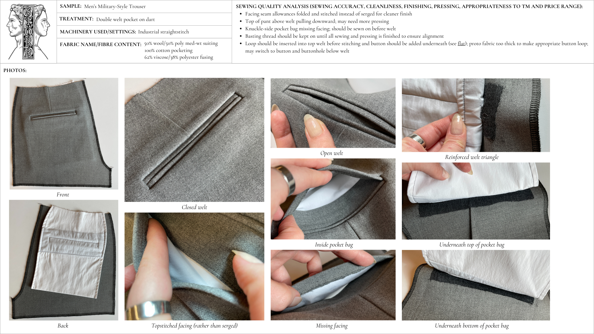 Image detailing a prototype of a double welt pocket for tailored garments.
