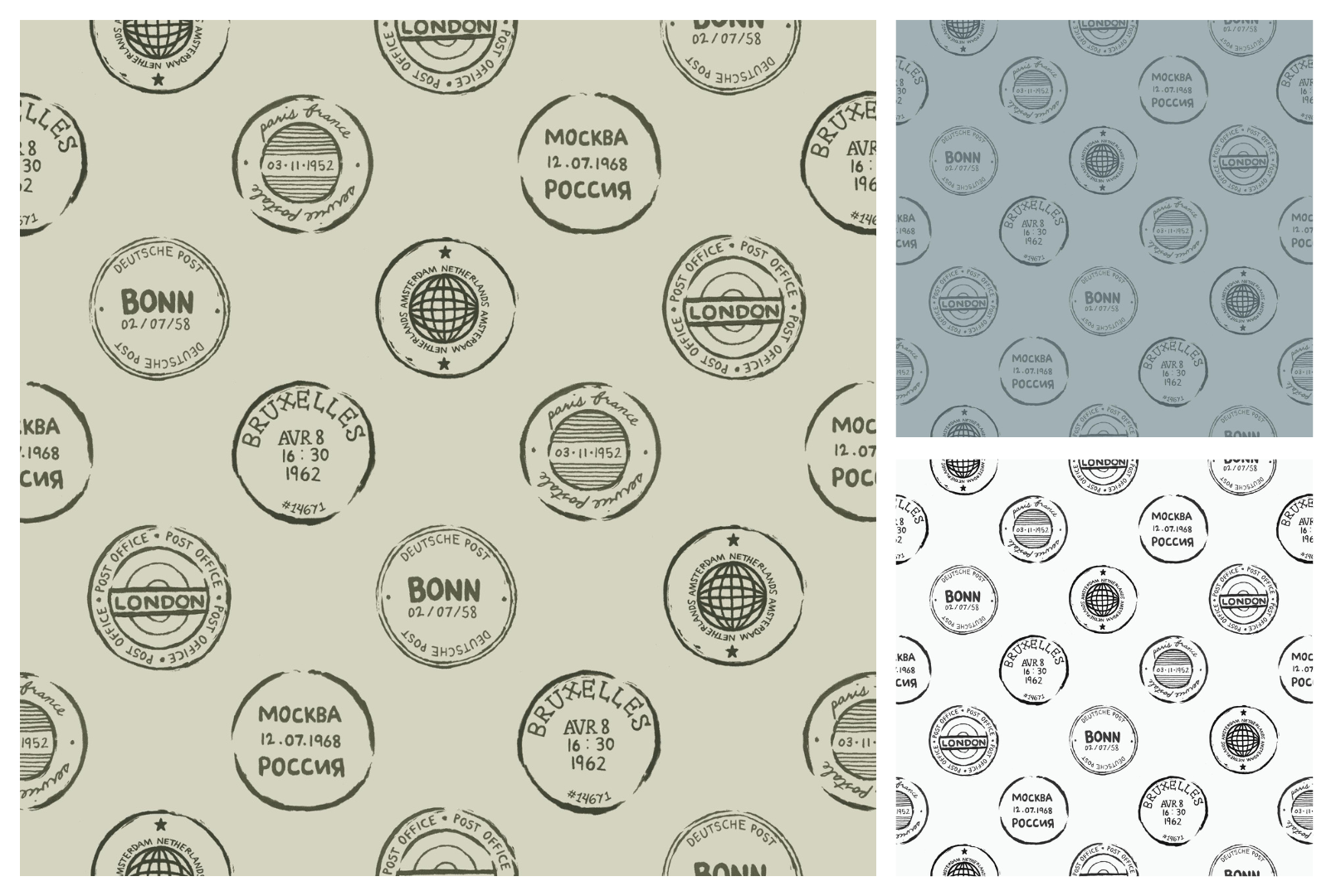 Repeat pattern of stamps from various European countries in various colourways.
