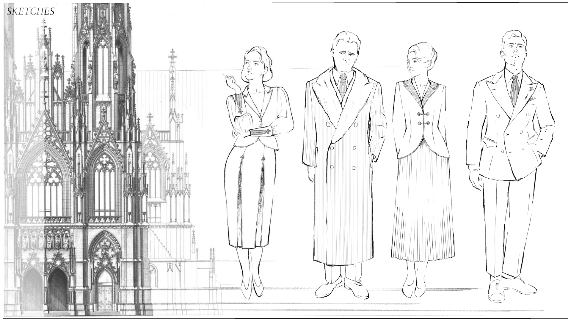 Sketches of tailored garment designs inspired by Gothic architecture by H.L. Story.