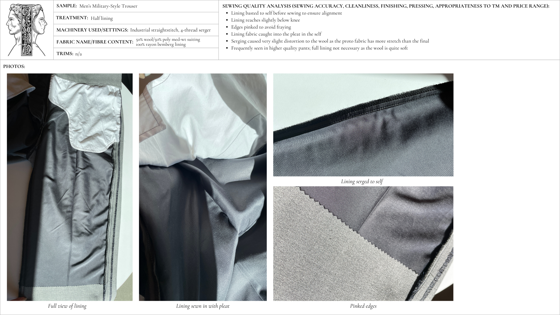 Image detailing a prototype of half lining for tailored pants.