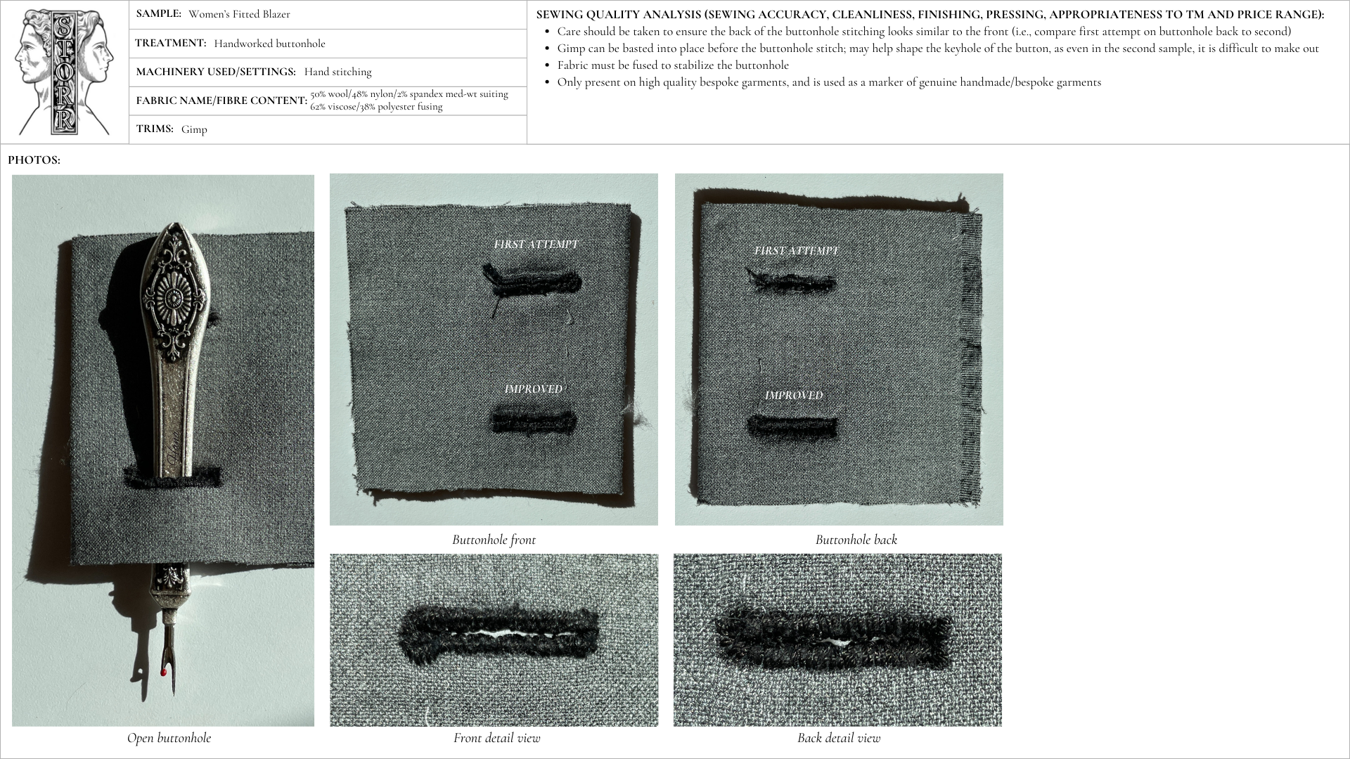 Image detailing a prototype of a handworked buttonhole for tailored garments.