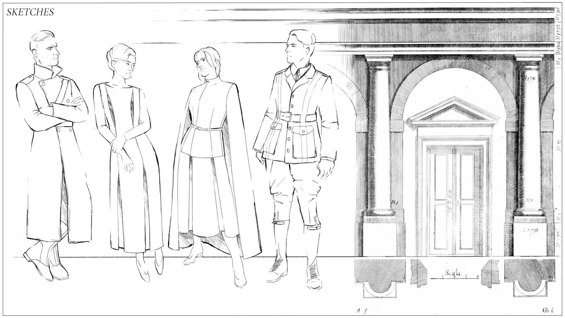 Sketches of tailored garment designs inspired by Neoclassical architecture by H.L. Story.