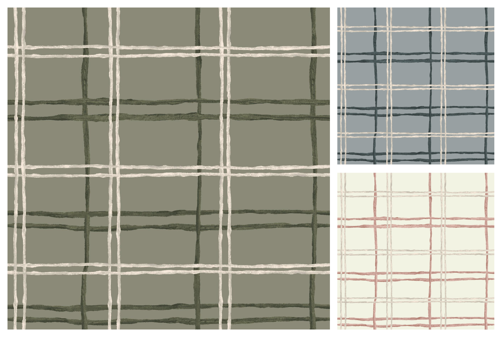 Repeat pattern of hand-painted plaid in various colourways.