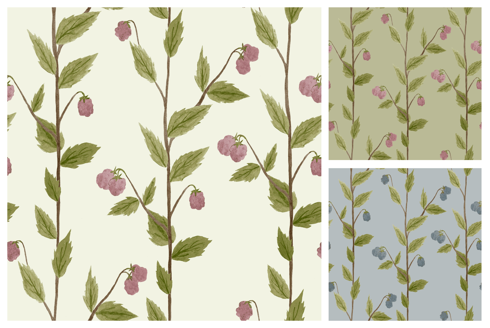 Repeat pattern of hand-painted watercolour raspberry branches in various colourways.