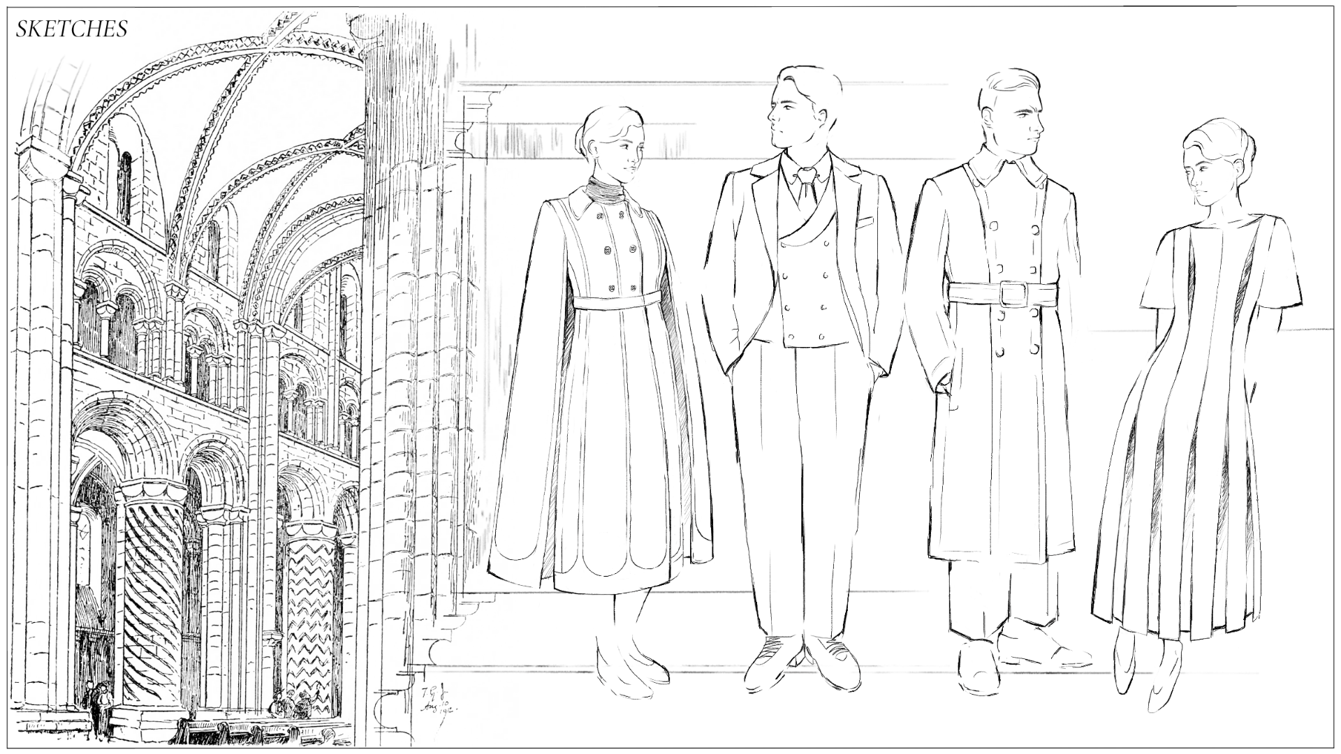 Sketches of tailored garment designs inspired by Romanesque architecture by H.L. Story.