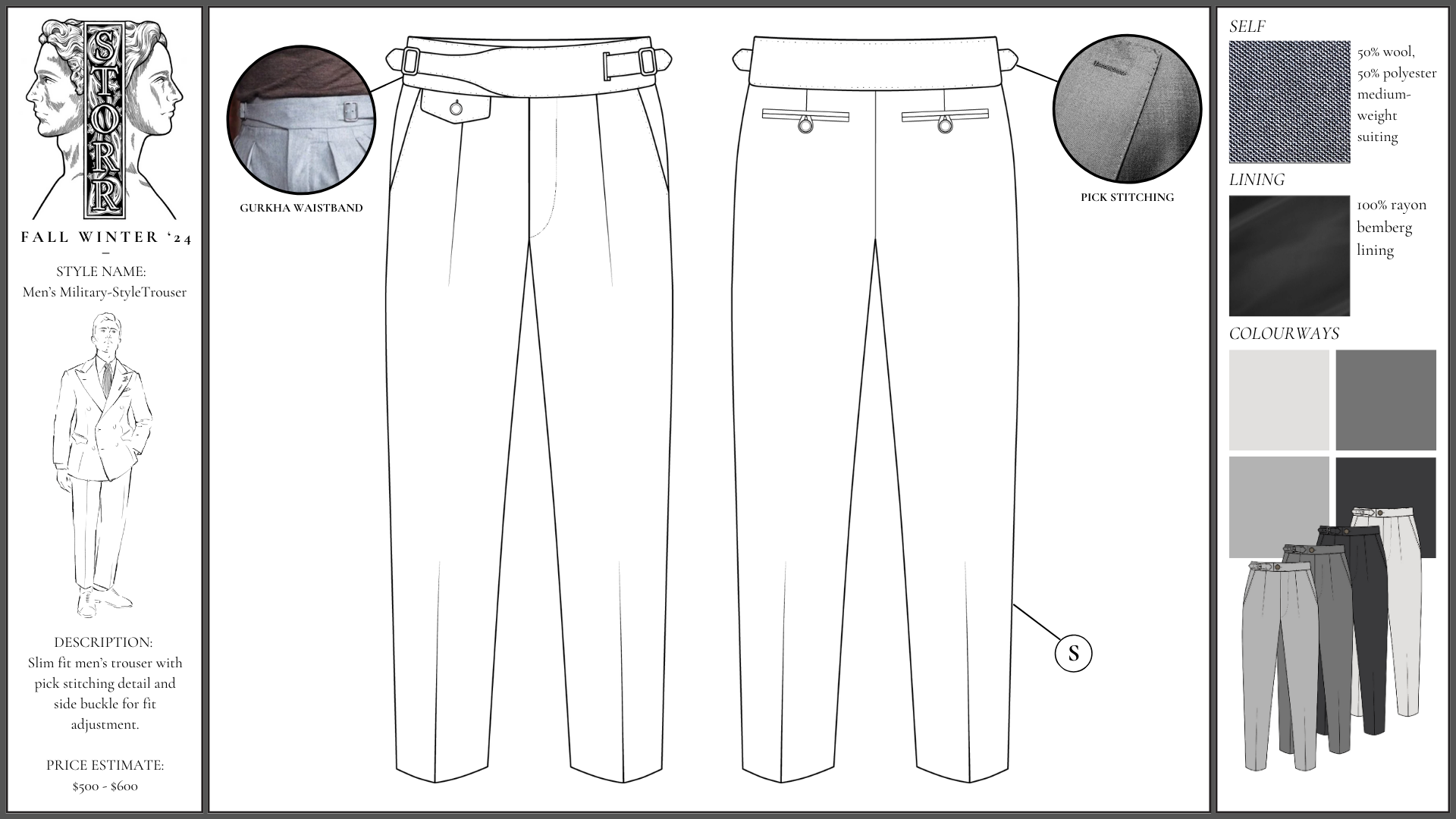 Style card for a men's gurkha pants including sketches, technical flats, swatches, and colourways.