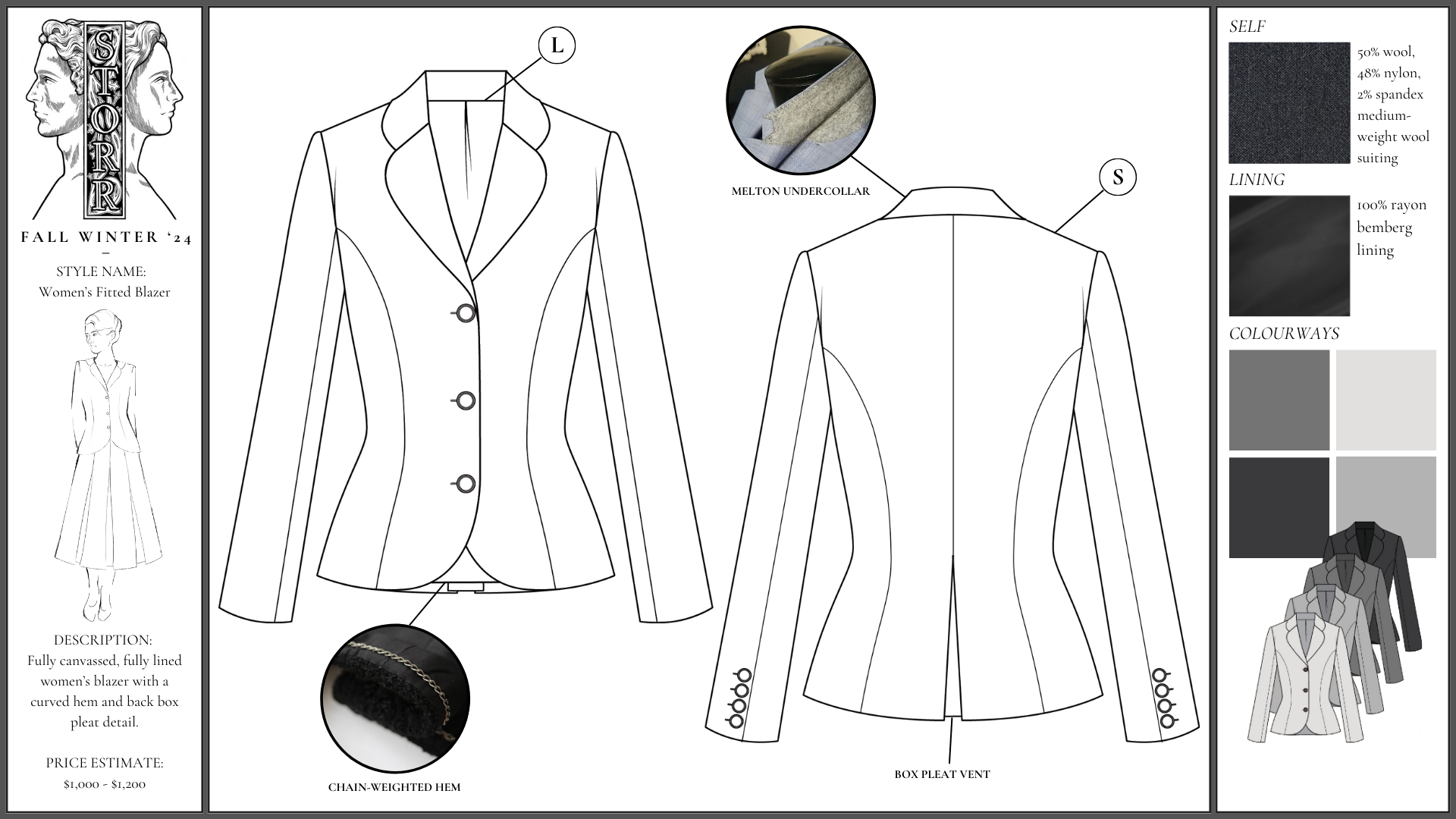 Style card for a women's blazer including sketches, technical flats, swatches, and colourways.