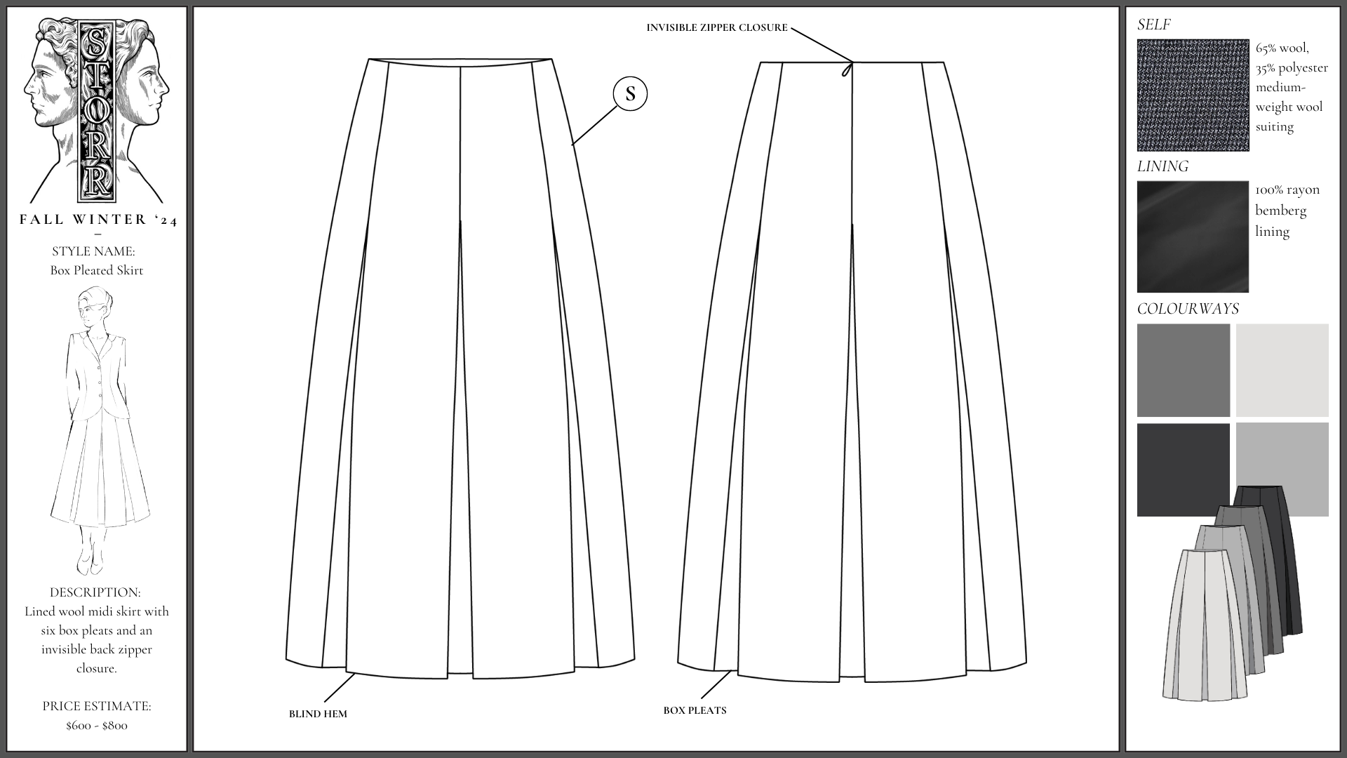 Style card for a long pleated skirt including sketches, technical flats, swatches, and colourways.