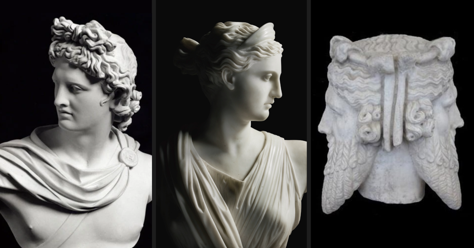An image depicting statues of Apollo, Artemis, and Janus.