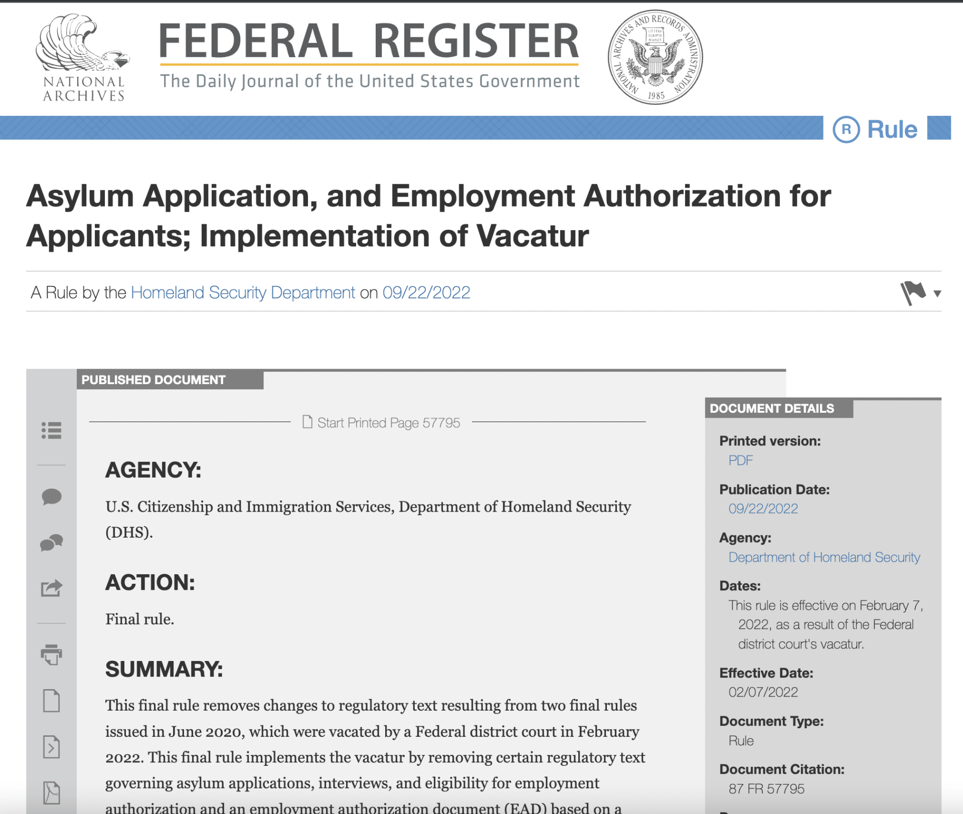 Asylum Application, and Employment Authorization for Applicants; Implementation of Vacatur