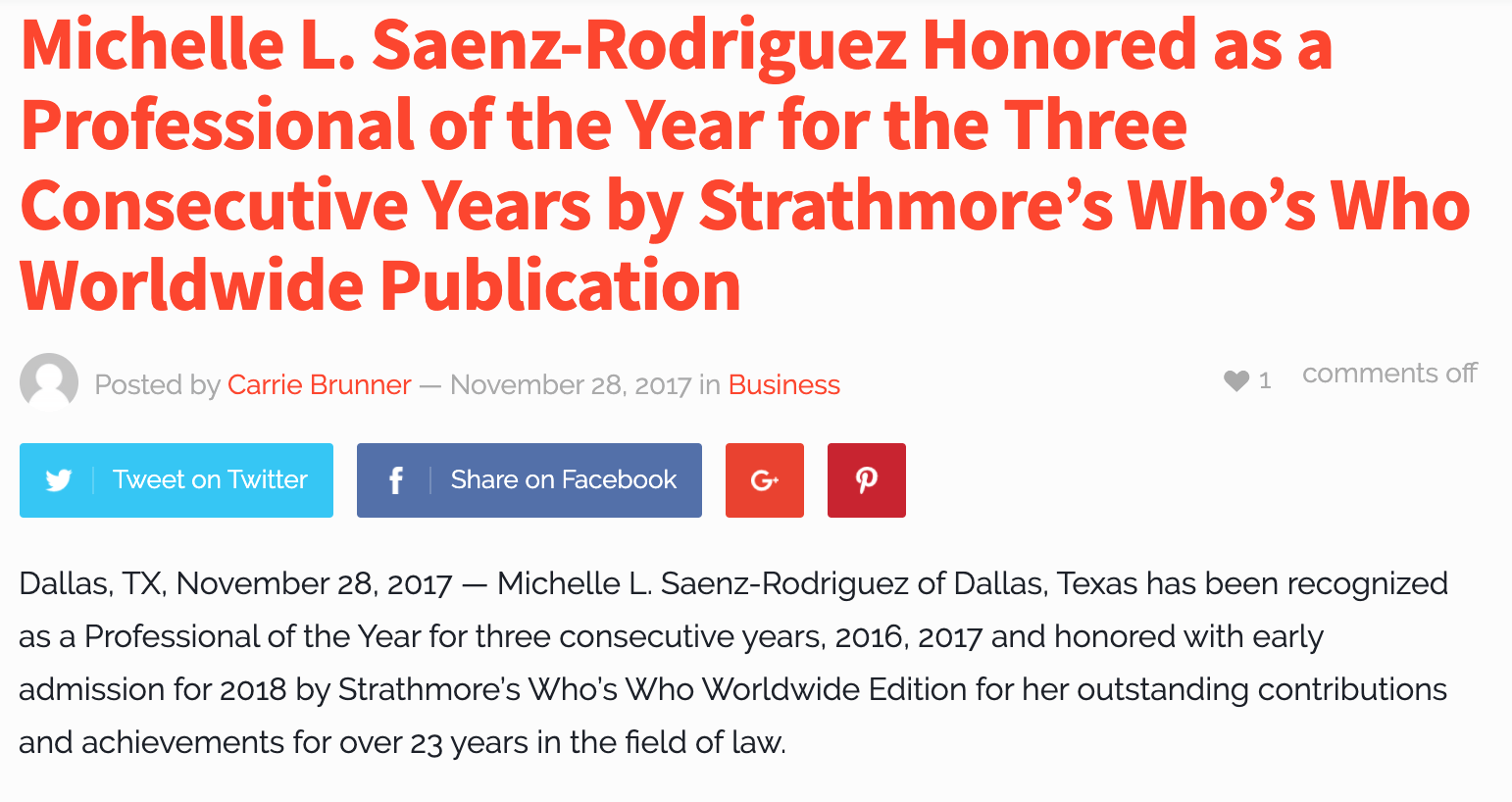 Michelle L. Saenz-Rodriguez Honored as a Professional of the Year for Three Consecutive Years by Strathmore's Who's Who Worldwide Publication