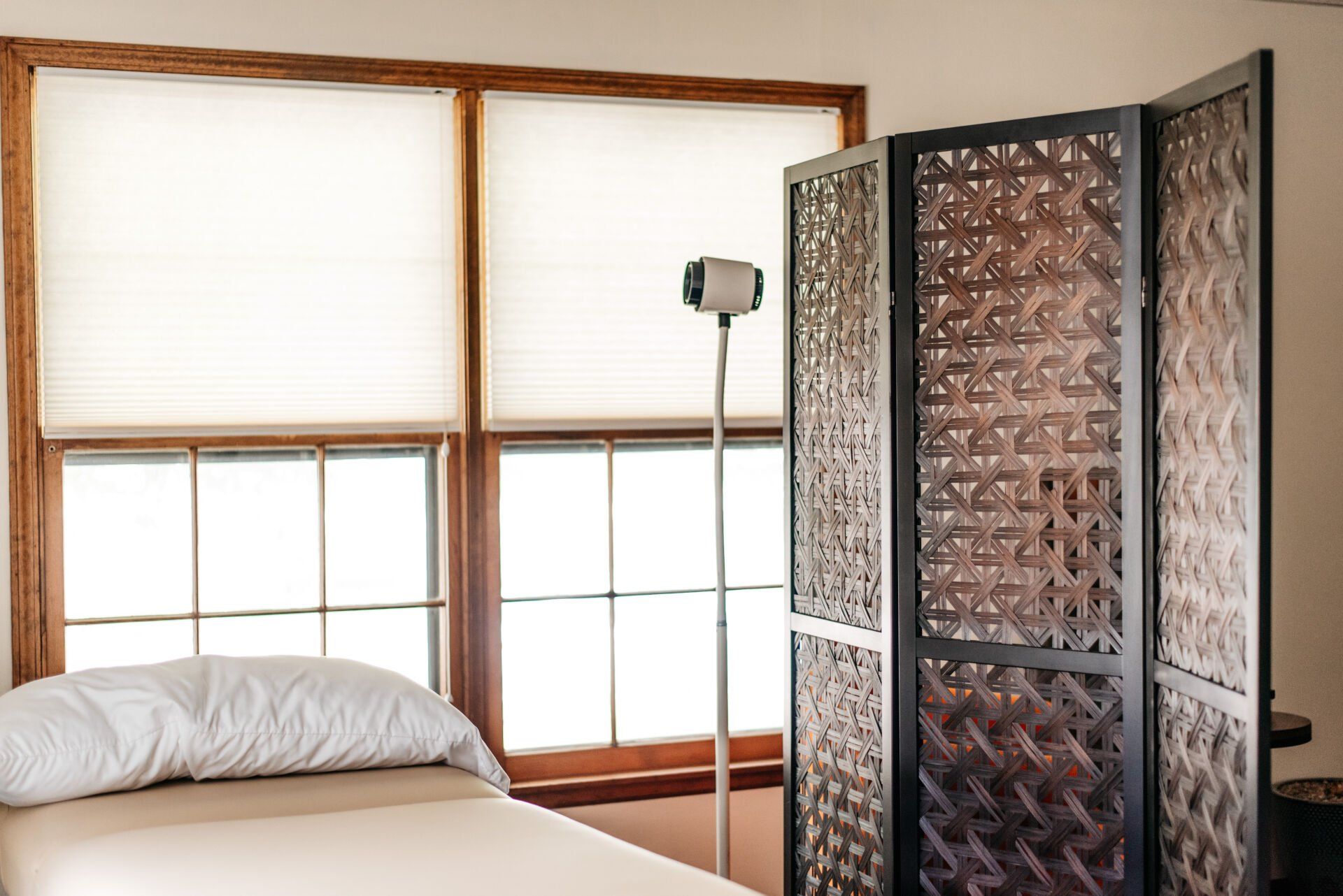 Professional photograph of a nice room with a bed and room divider.