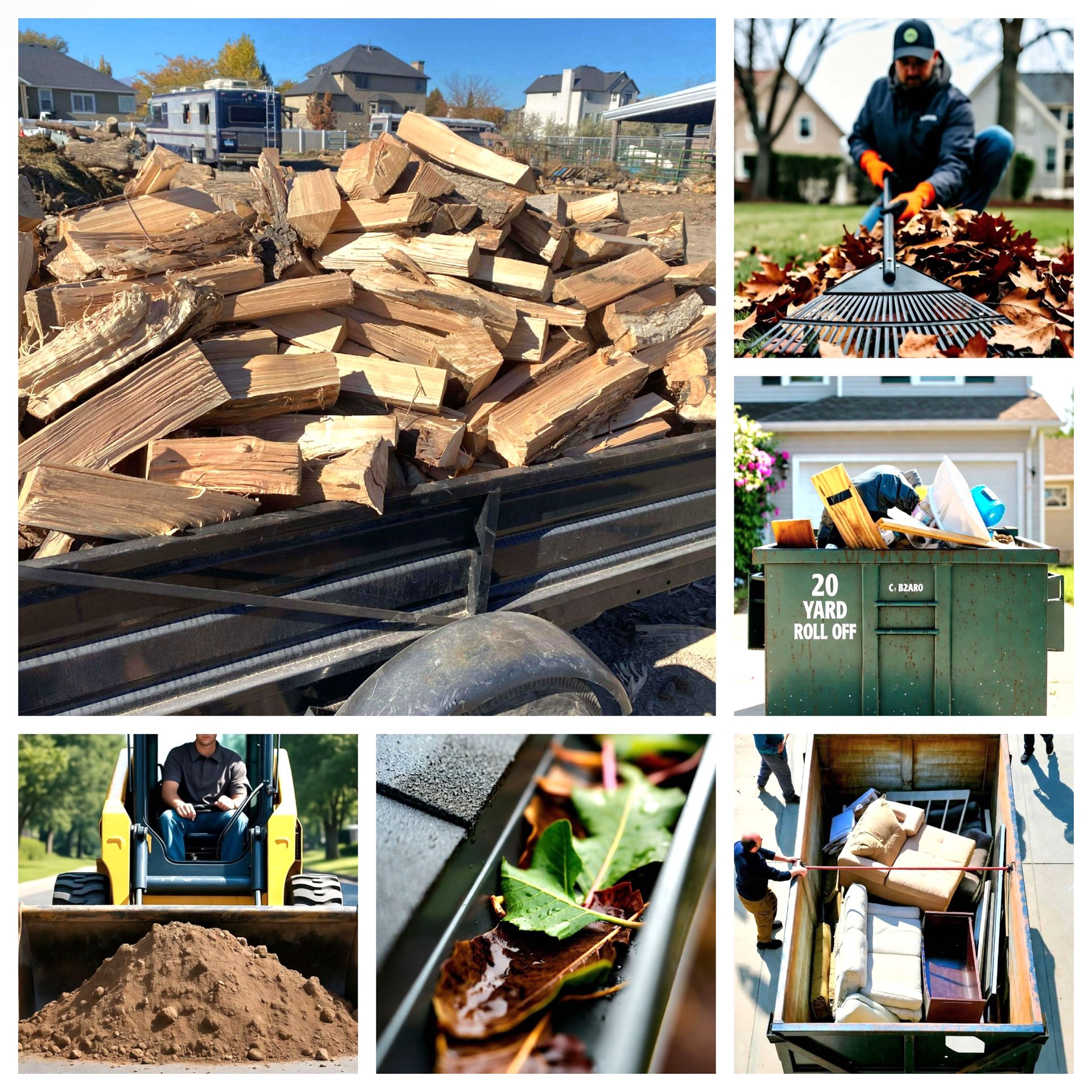 Pile of firewood logs next to a worker raking leaves and a green waste bin for yard cleanup services