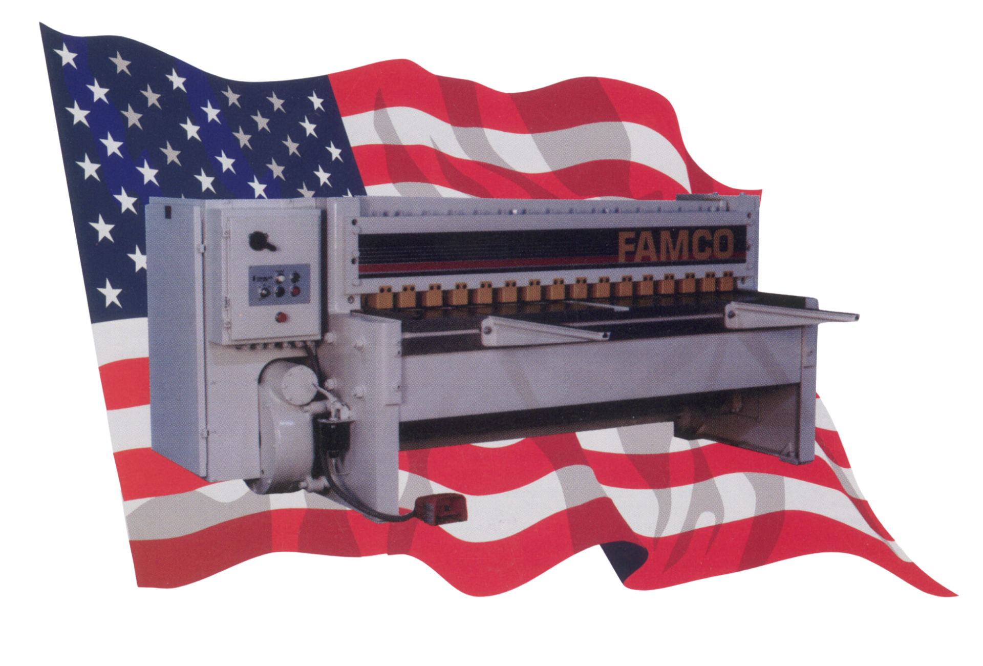 an american flag behind a machine that says famco