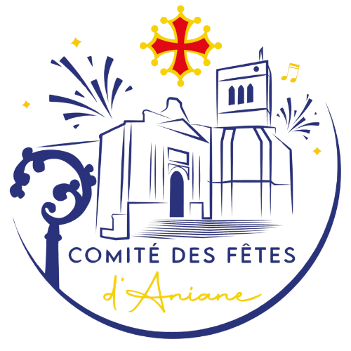 Un logo pour le comité des fêtes d'ariane avec un bâtiment, une croix et des feux d'artifice.